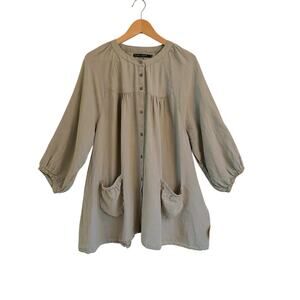 Gudrun Sjoden Linen Smock Top Sz Large  Sage Green Pockets SPOTS Lagen Artsy
